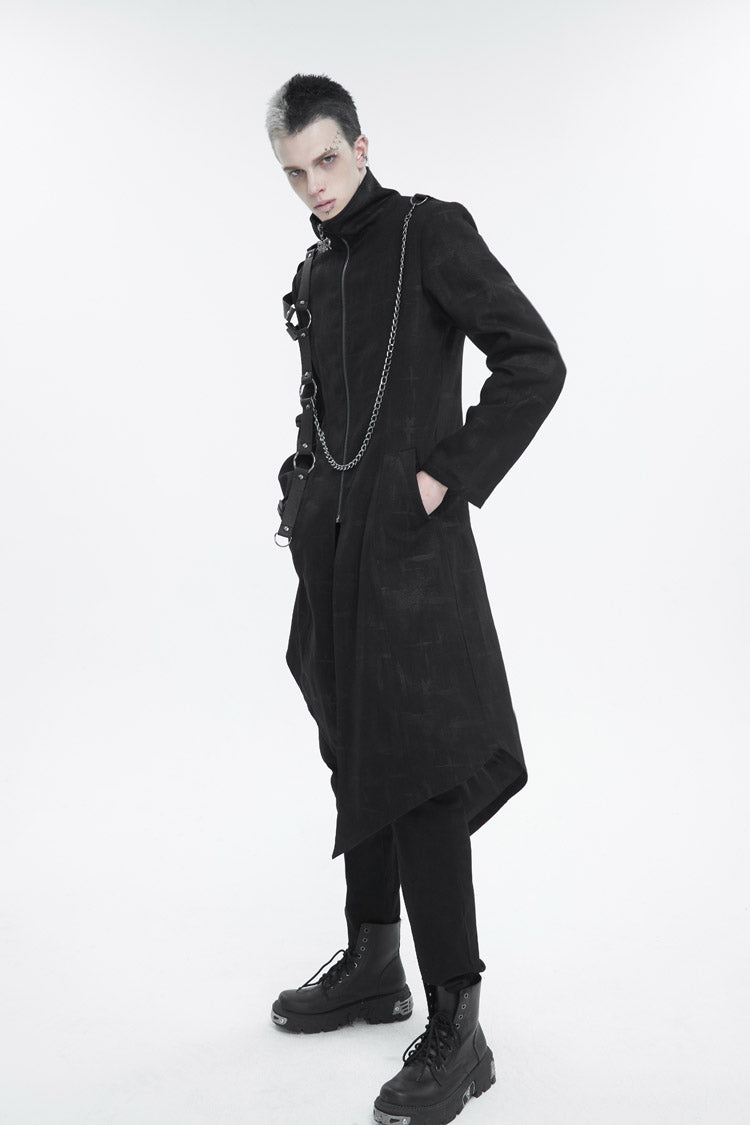 Black Stand Collar Asymmetric Hem Matching Shoulder Strap Long Men's Gothic Coat