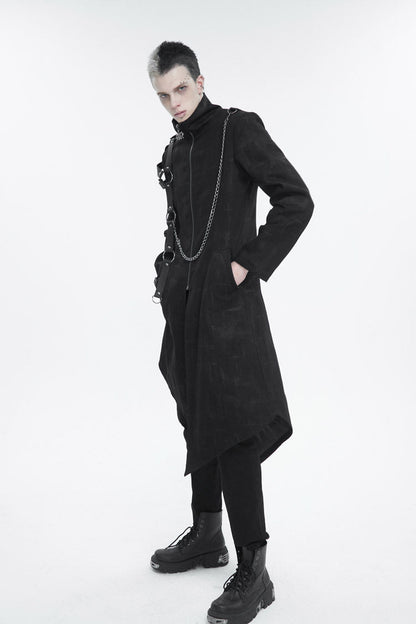 Black Stand Collar Asymmetric Hem Matching Shoulder Strap Long Men's Gothic Coat