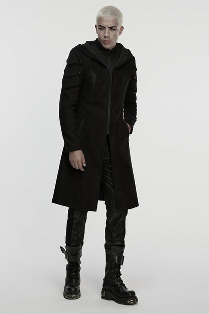 Black Stand Collar Long Sleeves Hooded Zipper Men's Punk Jacket