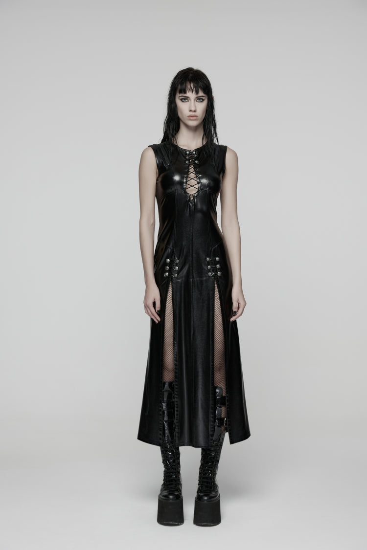 Black Sleeveless Split Lace-Up Slim Women's Punk Dress