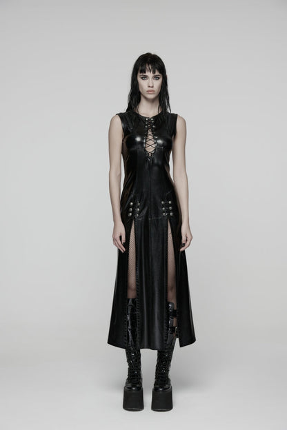 Black Sleeveless Split Lace-Up Slim Women's Punk Dress