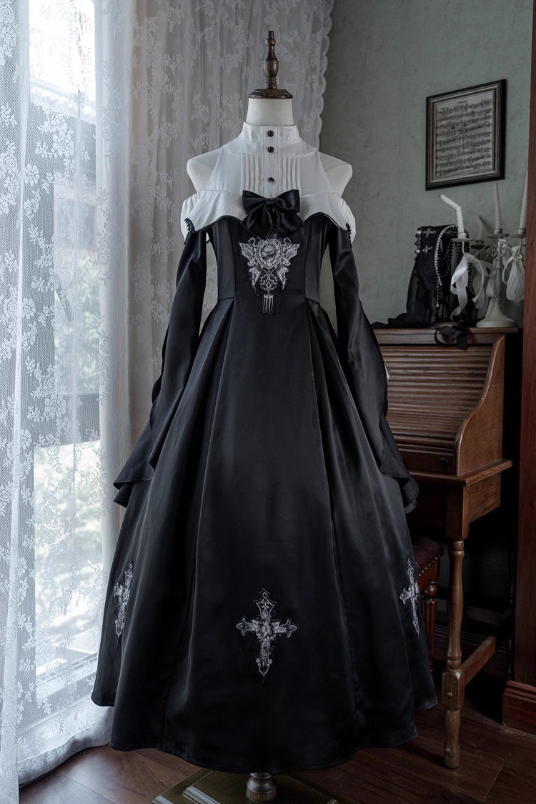 Black [Cross Nun] Stand Collar Off Shoulder Print Bowknot Gothic Elegant Lolita Dress