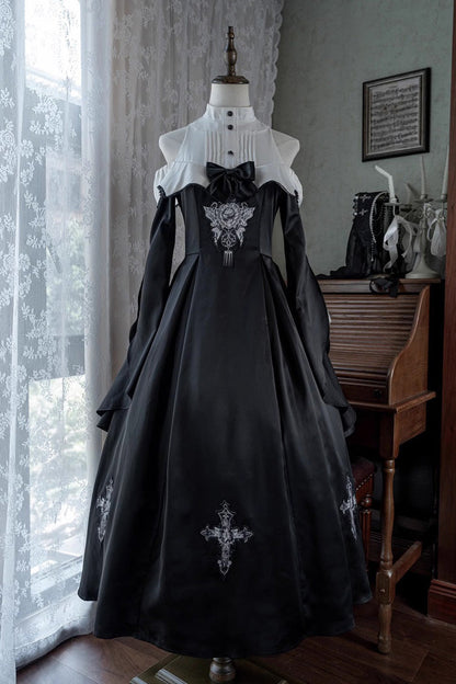 Black [Cross Nun] Stand Collar Off Shoulder Print Bowknot Gothic Elegant Lolita Dress