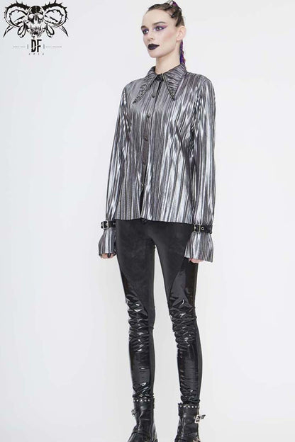 Silver Metal Buckles CuffPleated Pointed Collar Leather Loops Punk Shirt