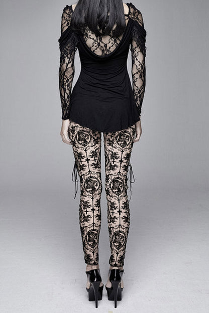 Brown Flocking Printing Mesh Side Lace Up Leggings Womens Pants