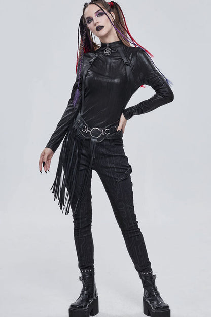 Black Punk Shimmery Stretch Fabric With Zipper Metal Pentagram Pendant Women's Shirt