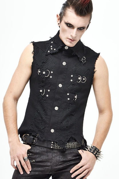 Black Worn Out Twill Mesh Decoration Rough Selvedge Hem Heavy Metal Men's Punk Waistcoat