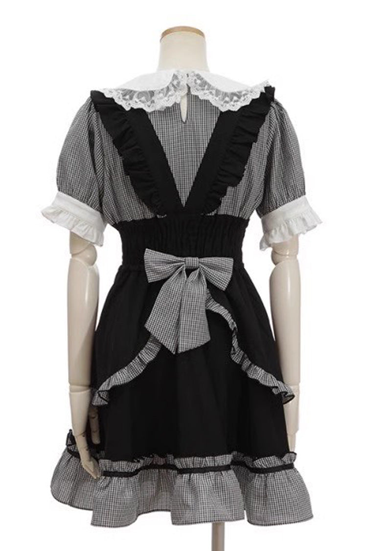 Black Short Puff Sleeves Print Ruffle Bowknot Sweet Jirai Kei Lolita Dress