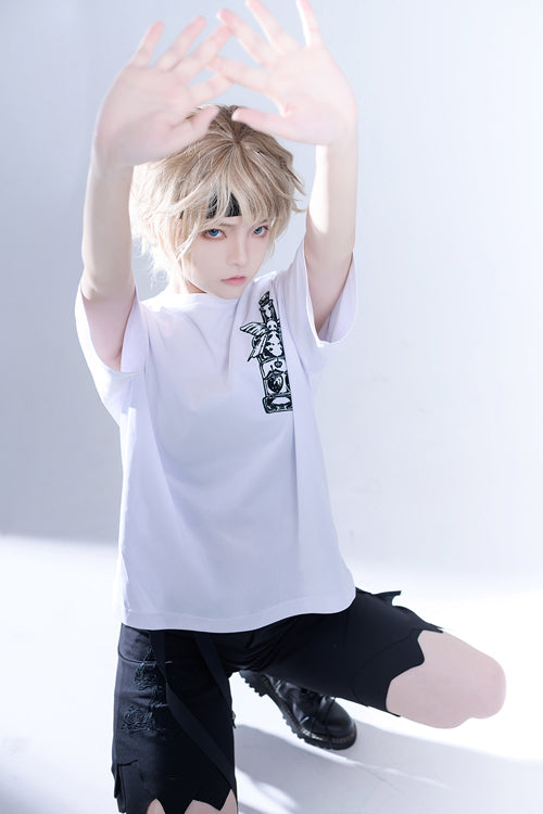 White Round Collar Spooky Shadow Embroidered Loose Ouji Lolita Short Sleeves
