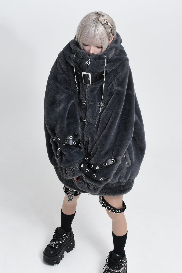 Jirai Kei Long Sleeves Hooded Zipper Punk Japanese Coat With Cross Leather Buckles 2 Colors