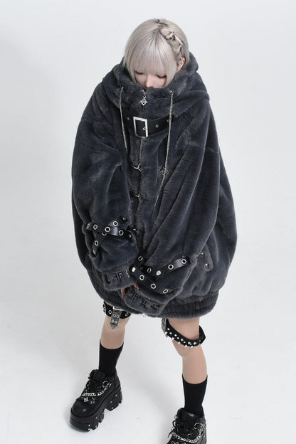 Jirai Kei Long Sleeves Hooded Zipper Punk Japanese Coat With Cross Leather Buckles 2 Colors