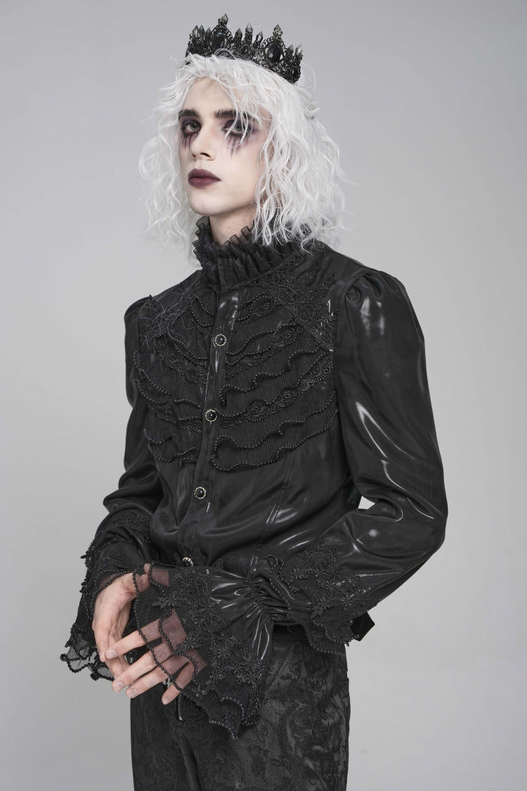 Black Stand Collar Long Puff Sleeves Embroidery Stitching Lace Men's Gothic Blouse