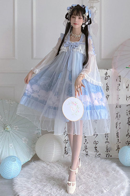 Blue Marine Jellyfish Print Bowknot Long Sleeves Ruffled Chinese Style Sweet Lolita Dress