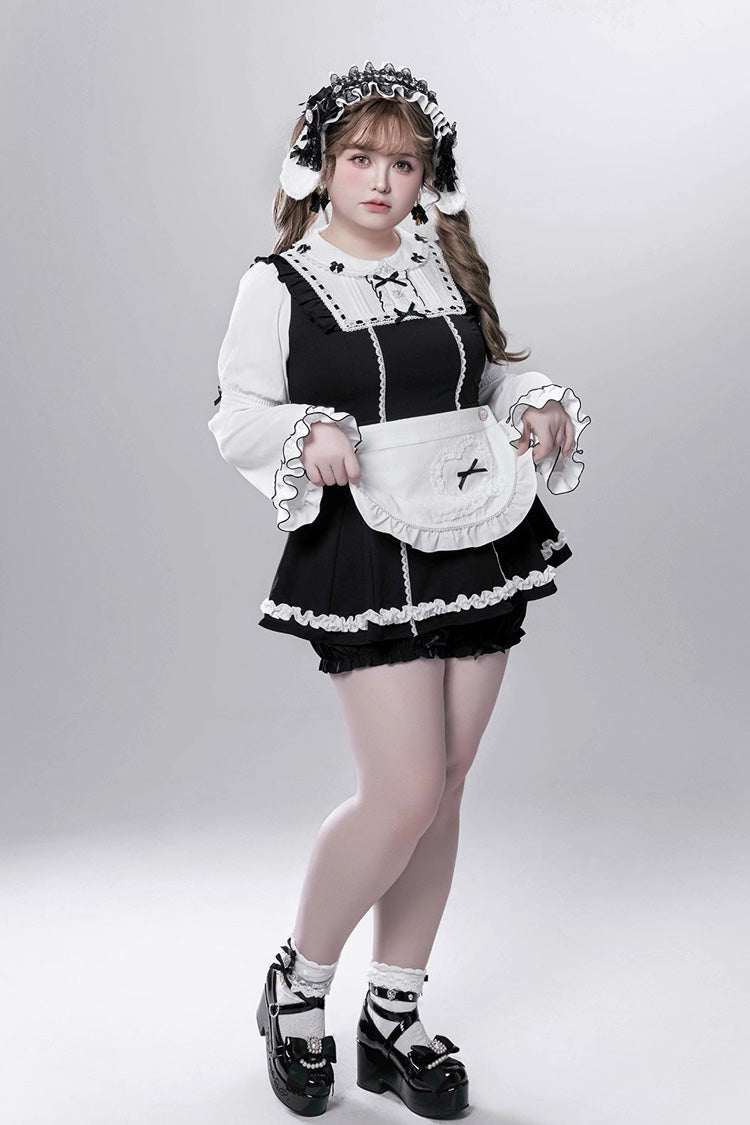 Black/White [Showcase Doll] Japanese Maid-Style Long Sleeves Ruffle Bowknot Jirai Kei Japanese Dress Shorts Set with Detachable Apron