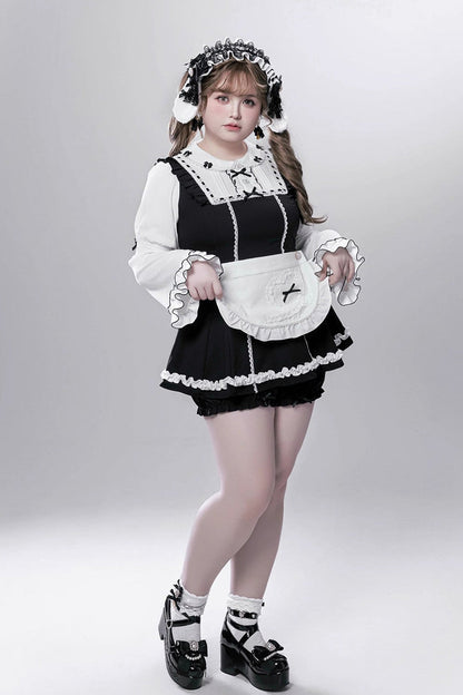 Black/White [Showcase Doll] Japanese Maid-Style Long Sleeves Ruffle Bowknot Jirai Kei Japanese Dress Shorts Set with Detachable Apron