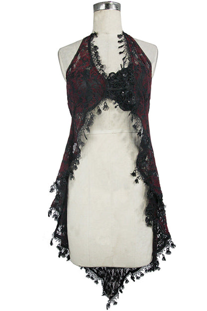 Red Frilly Tassel Hem Halter Lace Women's Gothic T-Shirt