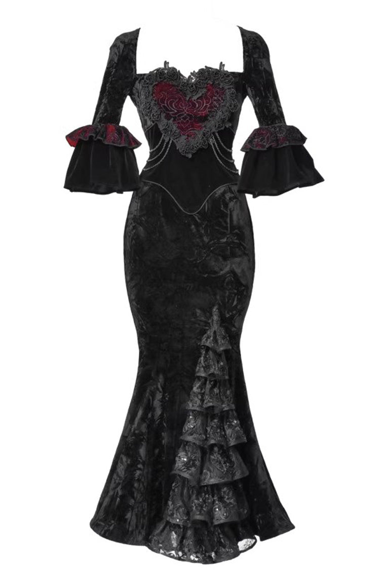 Black [Castle of Dark Romance] Square Collar Short Sleeves Multi-Layered Ruffled Embroidered Open-Front Lace Gothic Lolita Mermaid Dress