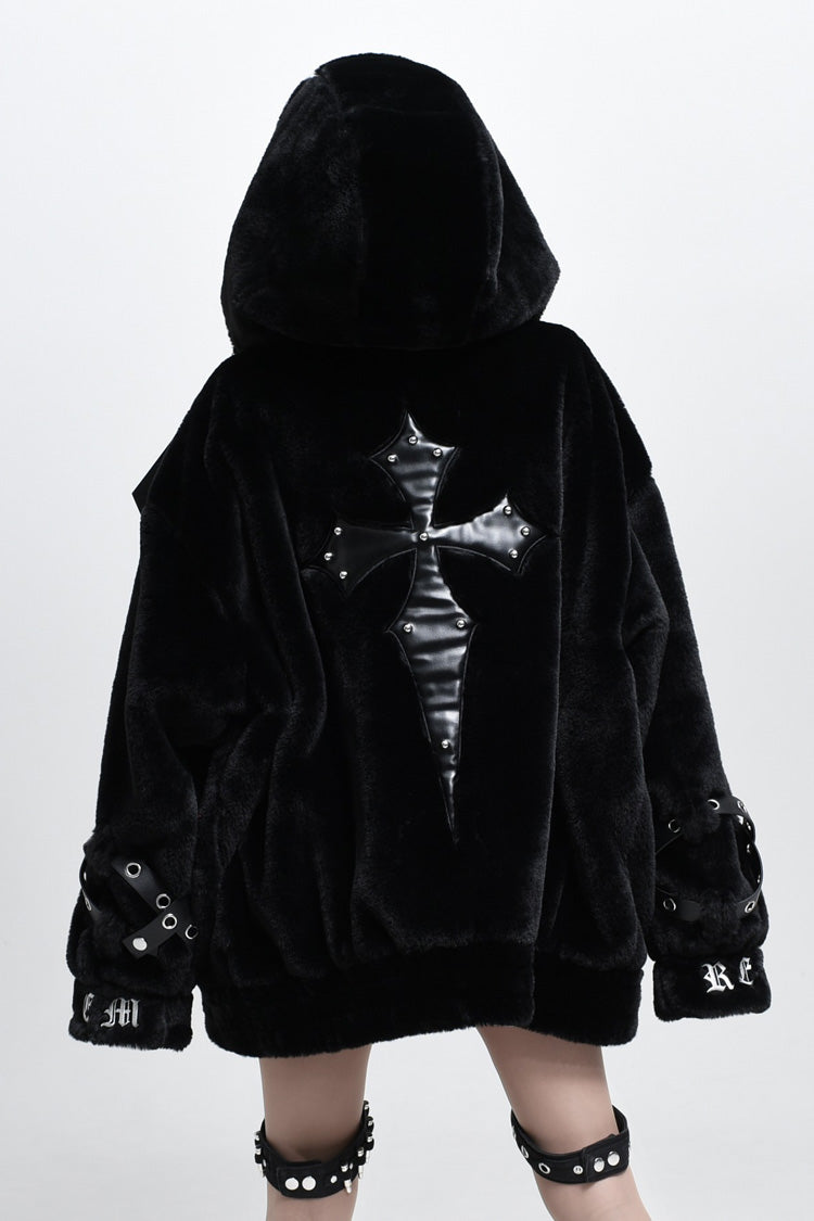 Jirai Kei Long Sleeves Hooded Zipper Punk Japanese Coat With Cross Leather Buckles 2 Colors