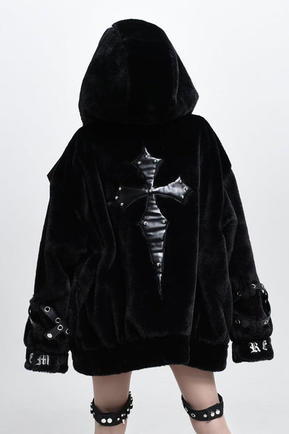 Jirai Kei Long Sleeves Hooded Zipper Punk Japanese Coat With Cross Leather Buckles 2 Colors