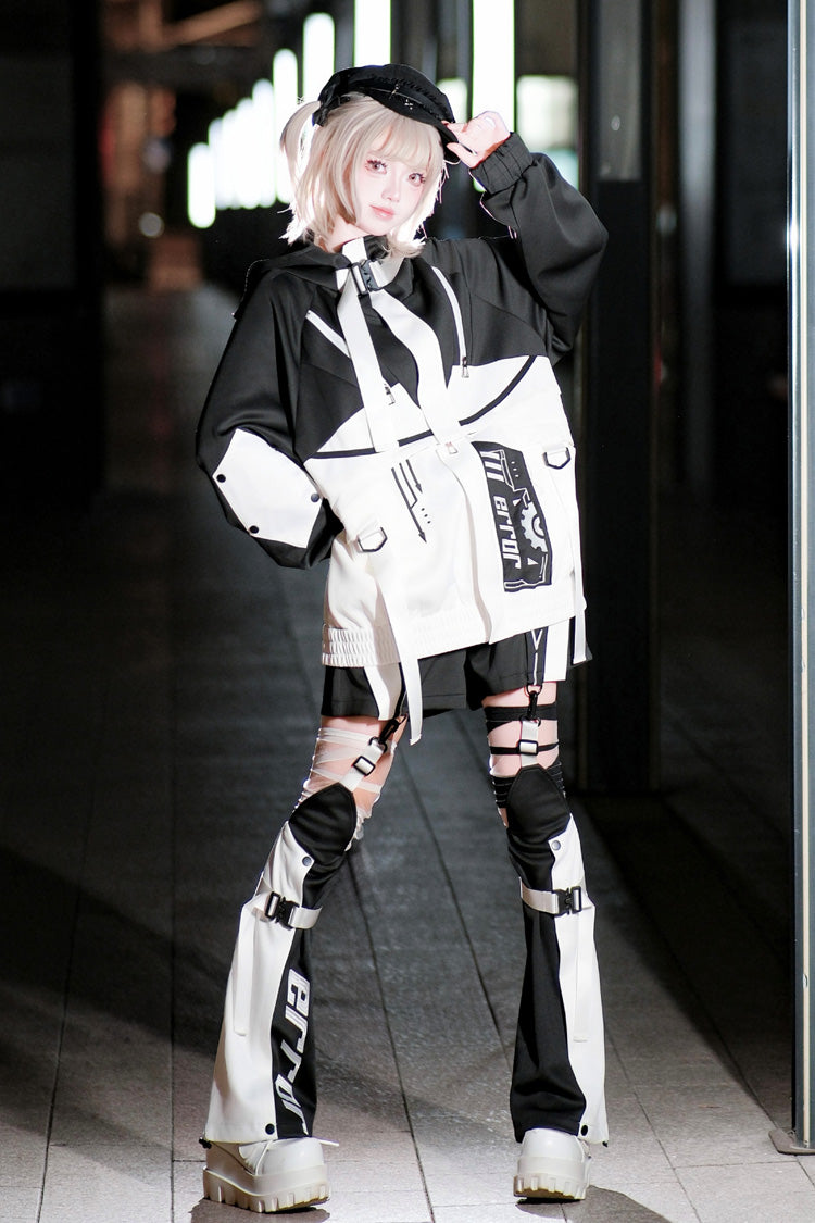 Black/White [Zero-Type Transformation] Techwear Long Sleeves Embroidered Hooded Punk Jirai Kei Shorts Coat Set