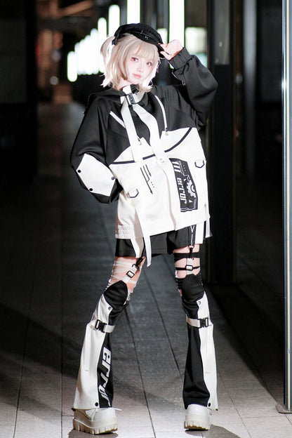 Black/White [Zero-Type Transformation] Techwear Long Sleeves Embroidered Hooded Punk Jirai Kei Shorts Coat Set