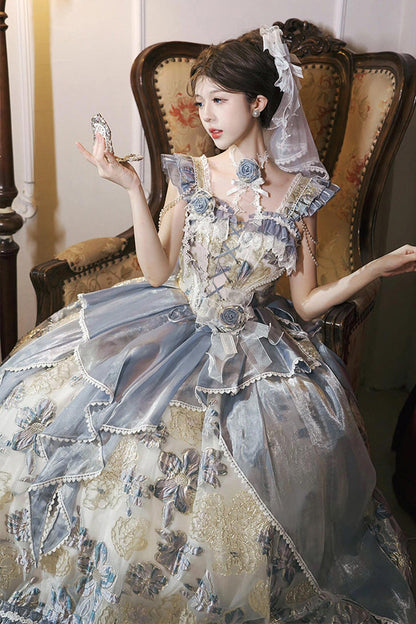 Blue [Jacaranda] Off Shoulder Short Sleeves Printed Ruffled Embroidered Bow Lace-Up Sweet Elegant Princess Lolita Dress