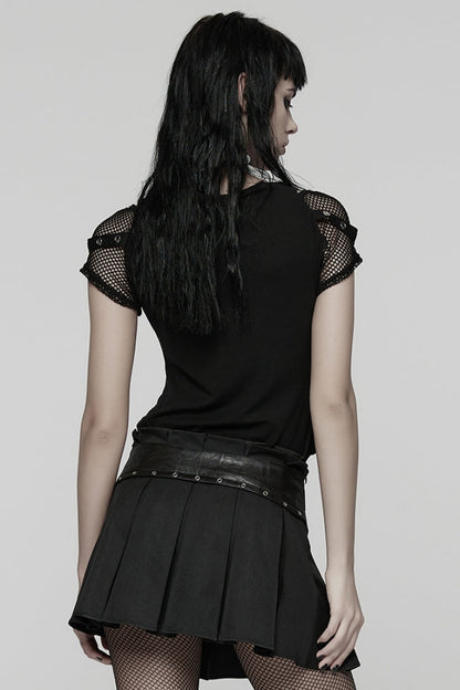 Black Short Sleeves Printed Spliced Mesh Strappy Eyelet Women's Punk T-Shirt