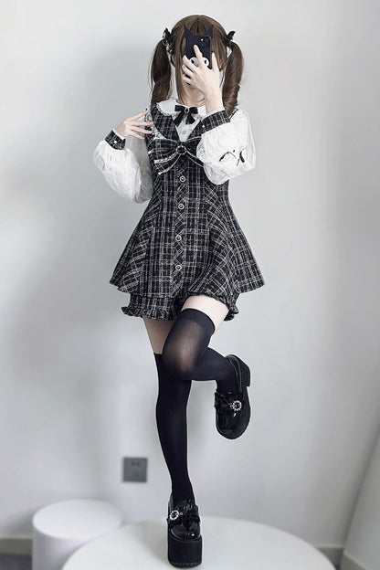 Black/White [Love Sonata] Long Sleeves Ruffle Bowknot Lace Jirai Kei Japanese Dress Set