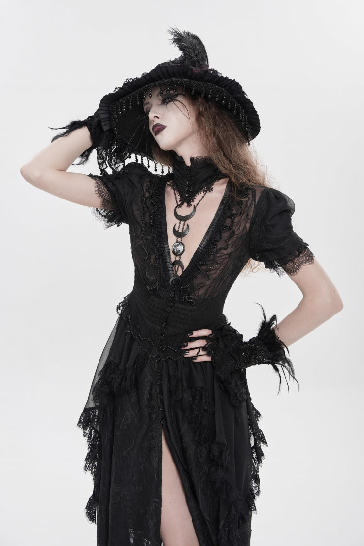 Black V Collar Short Sleeves Hanayome Lace Women's Gothic Wedding Dress