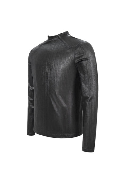 Black Zipper Neckline Long Sleeves Slim Mens Steampunk Top