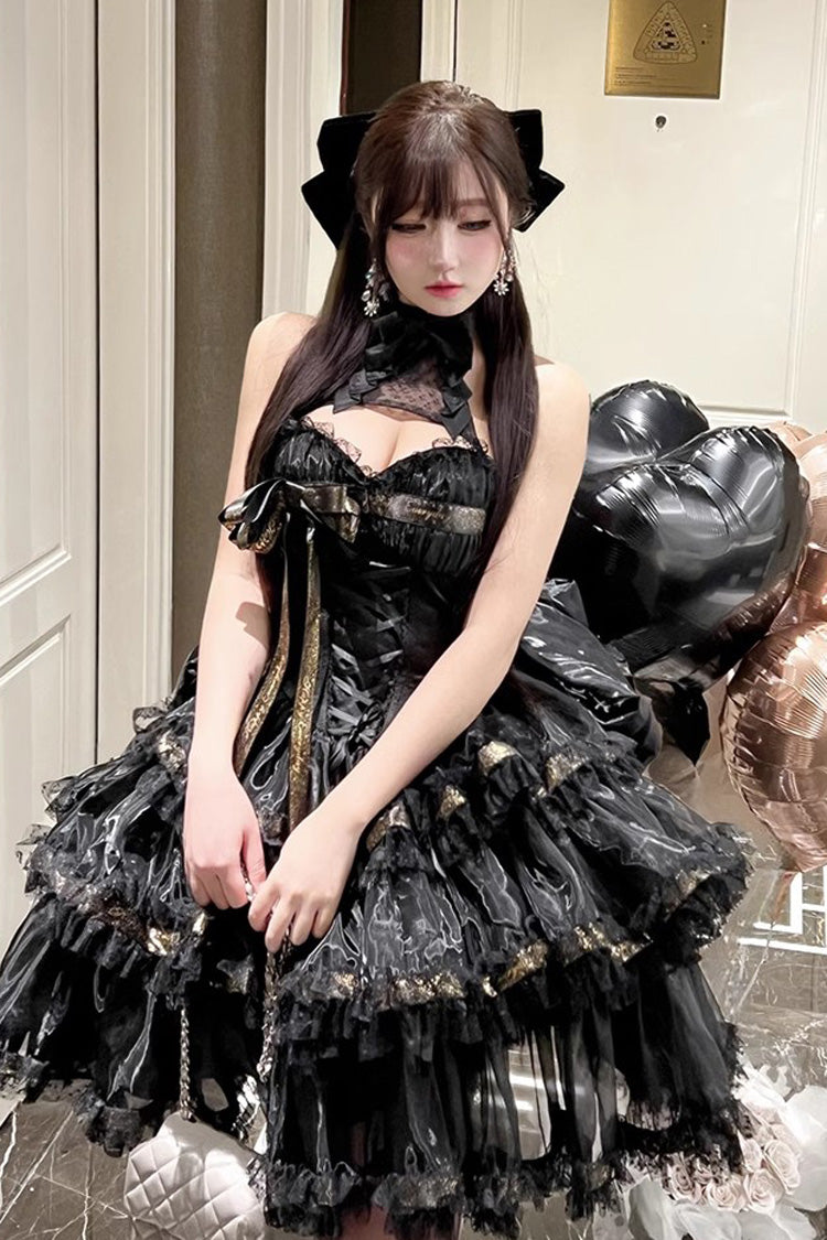 Black [First Kiss] Halterneck Triple-Layered Ruffle Lace Hot Stamping Gothic Princess Lolita Dress