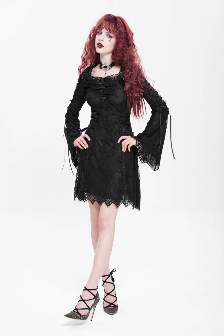 Black Square Collar Long Trumpet Sleeves Embroidered Lace-Up Women's Gothic Dress