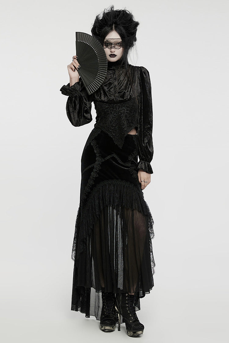 Black Stand Collar Irregular Pleated Velvet Women's Gothic Blouse