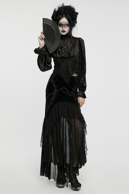 Black Stand Collar Irregular Pleated Velvet Women's Gothic Blouse