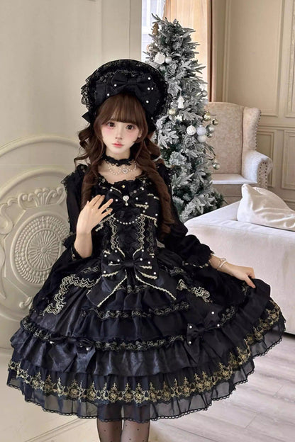 Black [Dream-Sinking Pearl Veil] Doll-Style Sleeveless Multi-Layered Ruffled Bow Lace Daily Gothic Lolita Dress