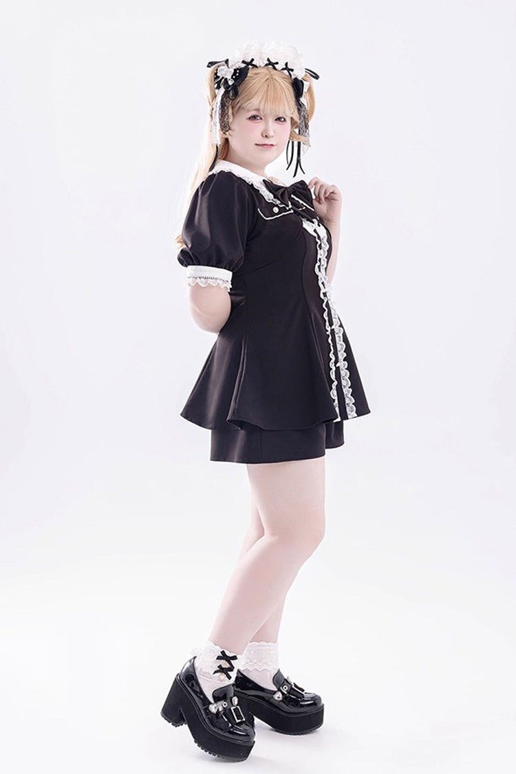 Black Short Sleeves Ruffle Bowknot Fake Two Pieces Jirai Kei Japanese Dress Shorts