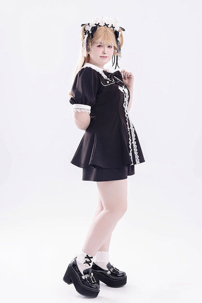 Black Short Sleeves Ruffle Bowknot Fake Two Pieces Jirai Kei Japanese Dress Shorts
