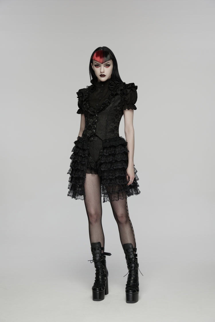 Black V Collar Short Sleeves High Waisted Jacquard Ruffled Cut-Out Embroidered Lace Slim Women's Gothic Vest