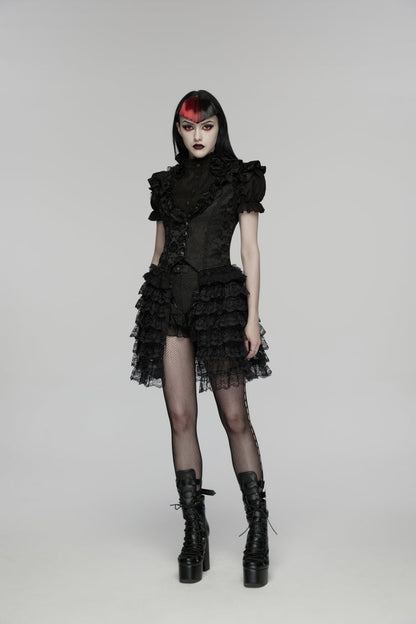 Black V Collar Short Sleeves High Waisted Jacquard Ruffled Cut-Out Embroidered Lace Slim Women's Gothic Vest