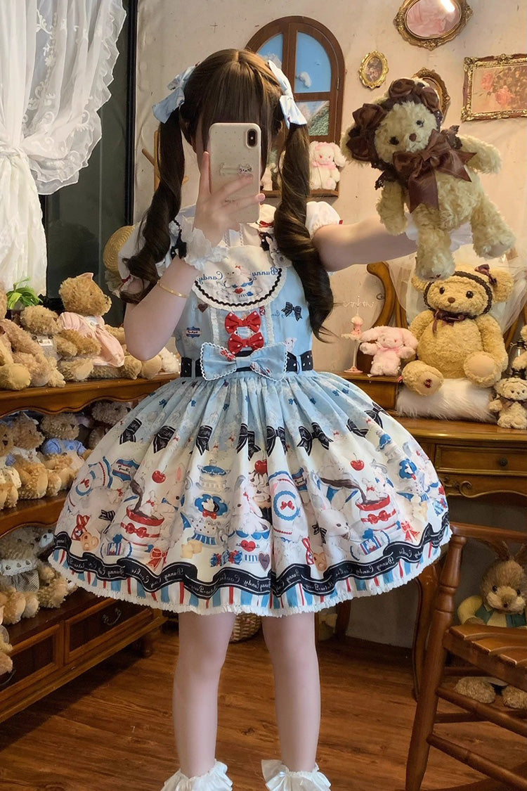 Blue [Mystery Rabbit Tea Party] Sleeveless Print Bowknot Lace Sweet Lolita Strap Dress