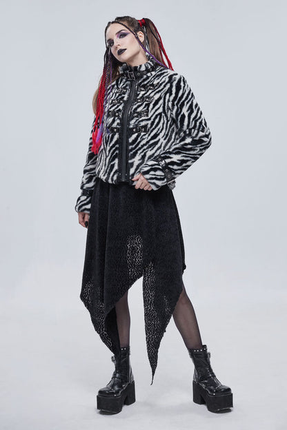 Black/White Stripe Design Shiny Belt With D-Shaped Buckle Decoration Padded Women's Punk Jacket