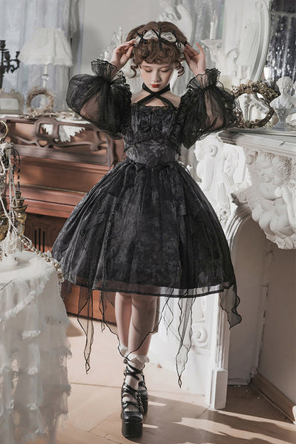 Black Ruffled Strap Mesh Lantern Sleeves High Waisted Irregular Hem Gothic Lolita OP Dress