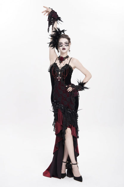 Black/Red Sleeveless Cross Ruffled Floral Embroidered Chain-Decorated Women's Gothic Long Slip Dress