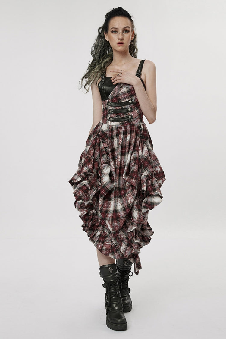 Black/Red Leather Shoulder Strap Plaid Print Ruffle Stitching Irregular Women's Steampunk Dress