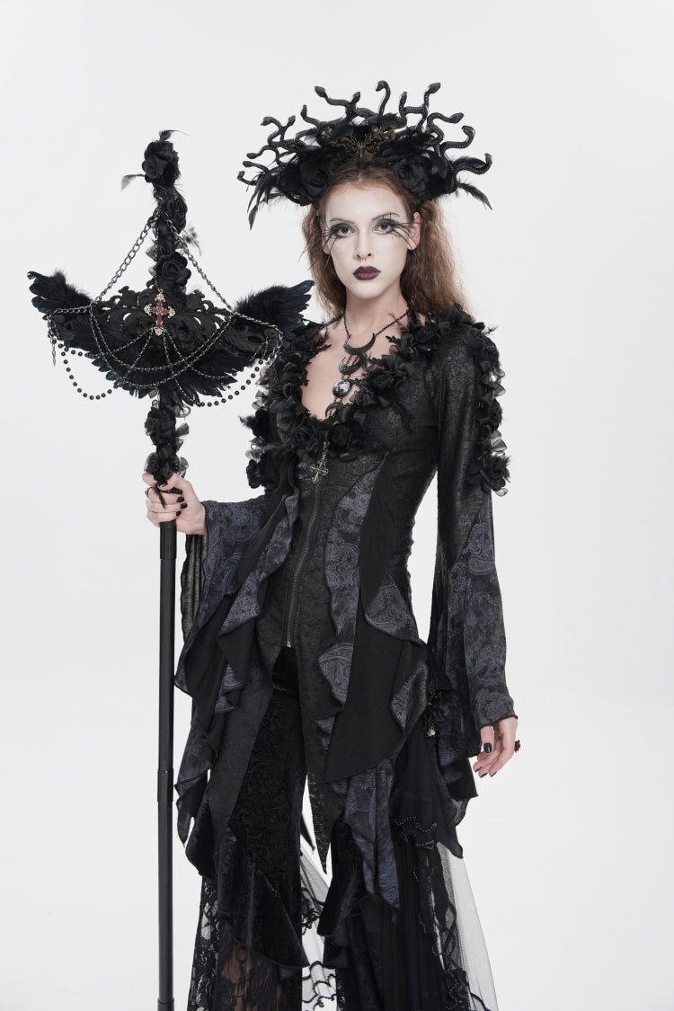 Black V Collar Long Trumpet Sleeves Printed Slim Women's Gothic Rose Feather Gorgeous Blouse