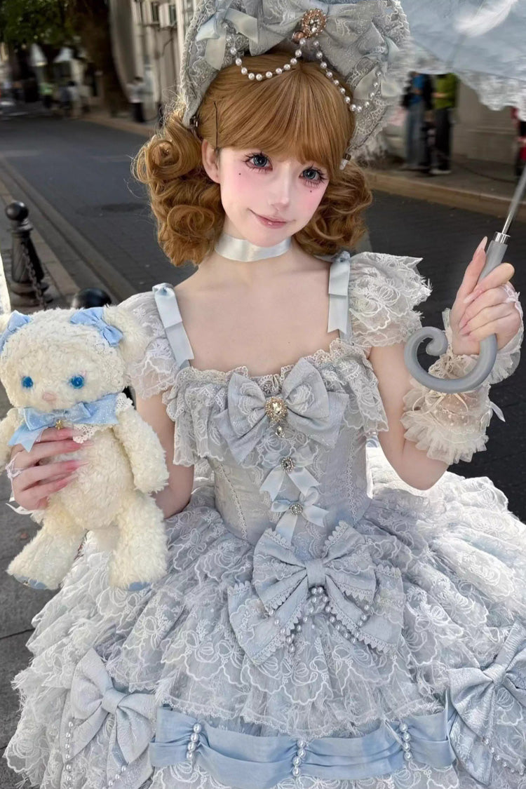 Blue [Cloudborne Snowfeather] Sleeveless Multi-Layered Hanayome Bowknot Pearl Gothic Lolita Jsk Dress