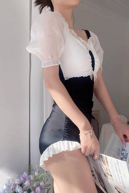 Black/White Short Sleeves Ruffle Cute Sweet Lolita Strapless One Piece Swimsuit