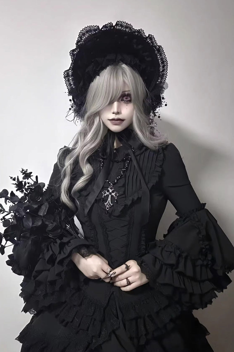 Black [Immortal Phoenix] Long Hime Sleeves Multi-Layered Ruffled Bow Lace-Up Gothic Lolita Skirt Dress Set