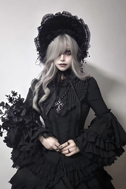 Black [Immortal Phoenix] Long Hime Sleeves Multi-Layered Ruffled Bow Lace-Up Gothic Lolita Skirt Dress Set