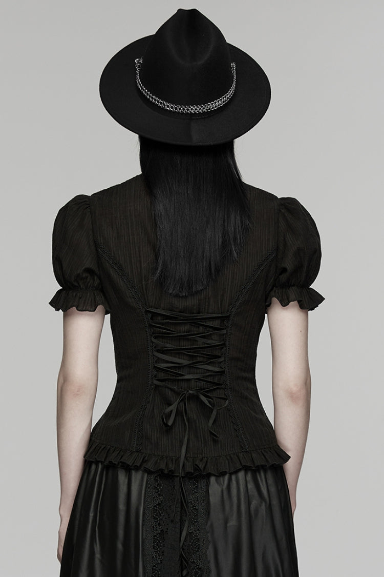 Black Stand Collar Short Puff Sleeves Ruffled Lace-Up Women's Gothic Blouse
